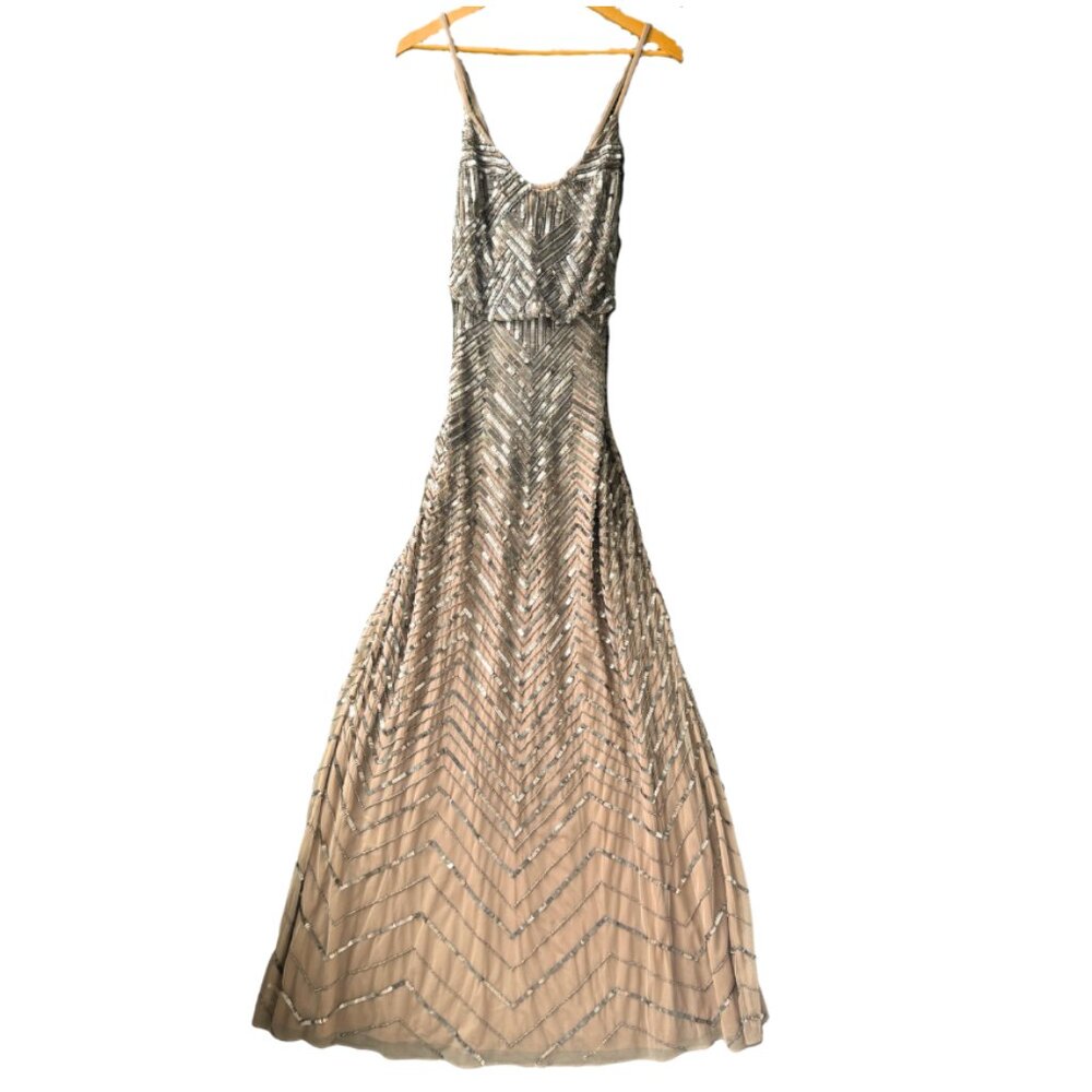 Beaded V-Neck Evening Gown in Champagne
